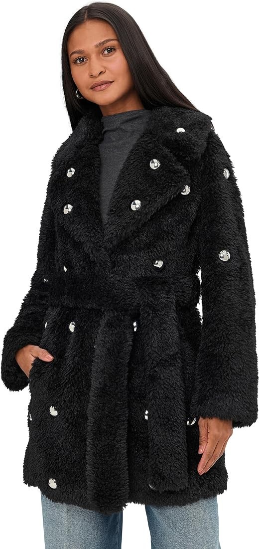 Avec Les Filles womens Embellished Faux Fur Belted Coat