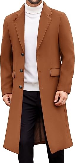 COOFANDY Mens Trench Coat Long Casual Single Brested Overcoat Winter Notched Collar Wool Blend Pea coat With Pockets